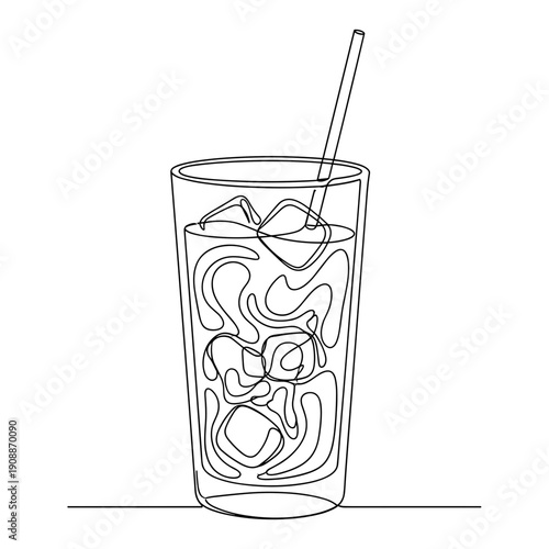 Continuous line drawing of a glass filled with refreshing melon soda, ice cubes, and a straw, isolated on a white background