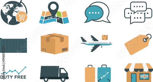 Global logistics and shipping icons set featuring world map, location pin, cargo container, delivery box, airplane transport, duty free, and retail store symbols