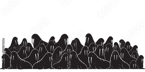 A large group of black walruses are gathered together on a white background, depicted in a stylized, graphic illustration.