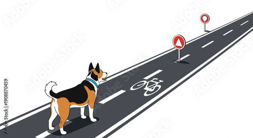 Curious Dog on Bike Path Vector Illustration: Cartoon Style Pet Following the Rules, Road Safety Awareness, Isolated on Transparent Background.