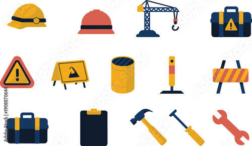 Construction safety icons set with hard hats, tools, warning signs, crane, barrier, toolbox, hammer, screwdriver, wrench, clipboard