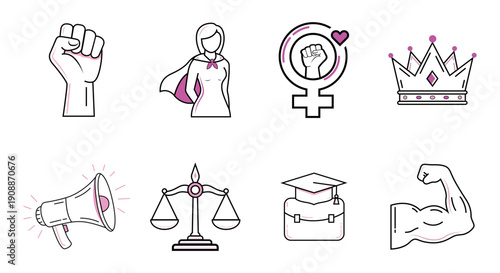 Collection of eight line art icons representing empowerment and equality