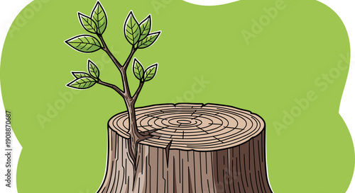Hopeful Tree Sprout Growing from Old Stump, Symbol of New Life and Resilience, Environmental Concept - Vector Illustration isolated on transparent background.