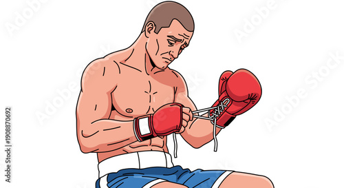Sad Boxer Lacing Gloves - Emotional Fighter Preparing, Isolated on transparent background. Cartoon Graphic Illustration for Sports, Competition and Training.