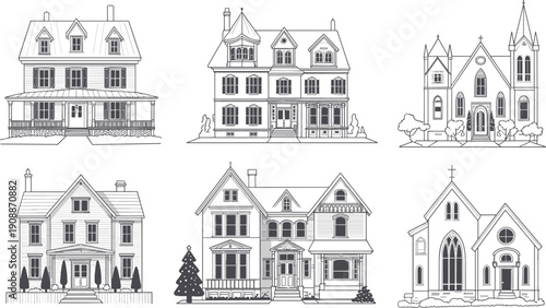 Detailed architectural illustrations of residential houses and churches, showcasing Victorian, Gothic, and traditional styles with ornate design elements
