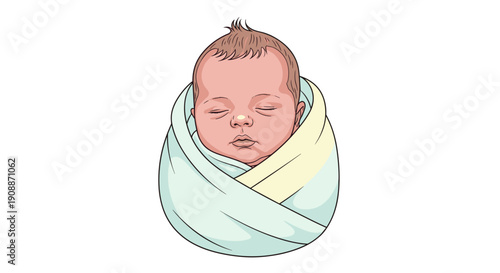 Cute Newborn Baby Sleeping Peacefully in Swaddle, Artistic Illustration, Isolated on transparent background. Infant Child Vector for Healthcare & Parenting Designs.