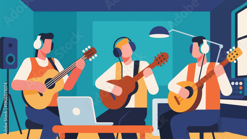 Illustration Of A Musician Playing A Traditional Musical Instrument While Wearing Headphones Vector Design Template
