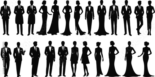 Elegant silhouettes of men in suits and women in evening gowns, formal fashion poses collection for design inspiration
