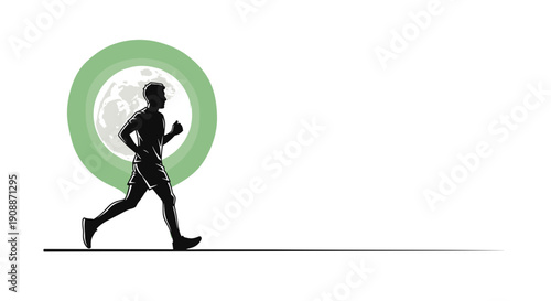 Silhouette of Running Man Against Moon, Night Run Vector Graphic, Jogging for Fitness, isolated on transparent background. Dark Runner on Green Background.