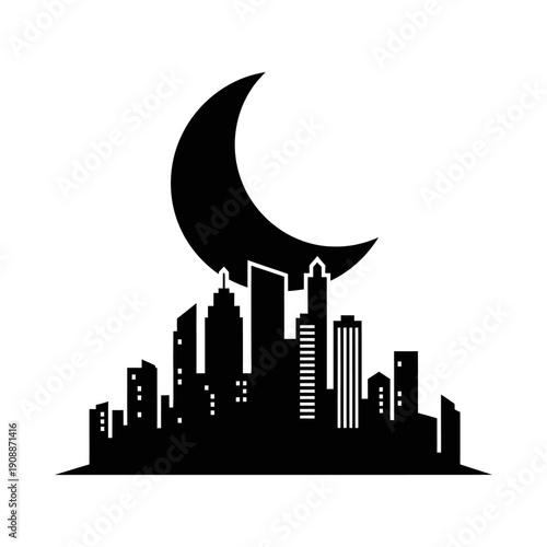 City skyline silhouette with crescent moon at night black graphic illustration on white background urban landscape concept