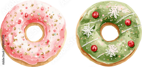 Two donuts with pink glaze and green glaze, in clip art style, isolated on white background