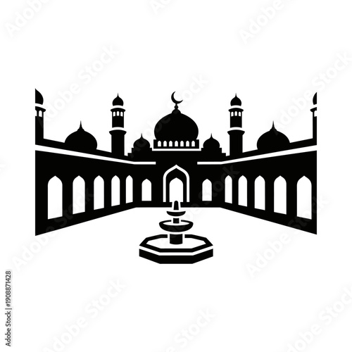 Black silhouette of a mosque with domes and minarets courtyard fountain islamic architecture