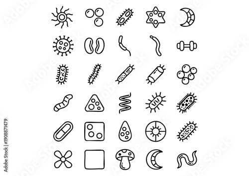 Minimalist Microbiology: 25 Vector Bacteria and Pathogen Icons, Medical Infographic Element Set: Black and White Germ Symbols, Scientific Microorganism Icon Pack: Bold Line Art Bacteria Collection