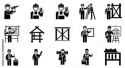 Construction Industry Icons Set: Architect, Engineer, and Skilled Worker Pictograms for Building, Labor, and Drafting Concepts.
