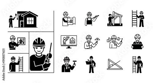 Construction and Engineering Icons Set - Building, Architect, Worker, Safety, and Home Renovation Glyphs Collection