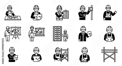 Construction Worker Icons Set. Engineering, Builder, Foreman, Laborer, and Tradesman Glyph Collection. Industrial Safety, Planning, and Management Vector Symbols.
