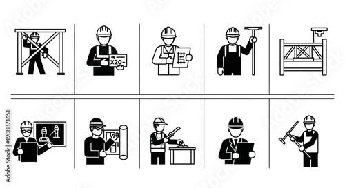 Construction Workers and Engineer Icons Set. Scaffolding Assembly, Blueprints, Safety, Labor, and Building Pictograms.