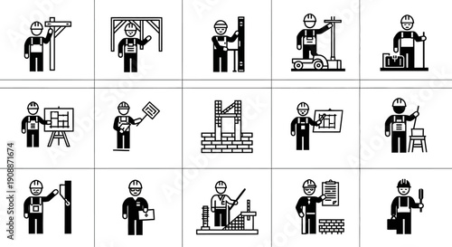 Construction Worker and Laborer Icon Set. Building, Engineering, and Masonry Glyphs, Solid Black Vector Pictograms for Industry and Trade