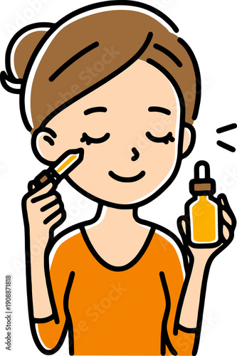 Cute Cartoon Illustration of a Young Woman Applying Facial Serum with Pipette
