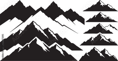 Black and white mountain range silhouette vector graphics set