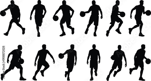 Silhouettes of basketball players in dynamic action poses dribbling, running, and shooting ball isolated on white background illustration
