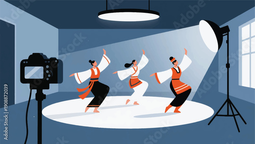 Illustration Of Traditional Dancers Practicing Dance In A Modern Studio Vector Design Template
