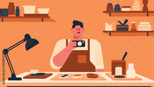 Illustration Of Traditional Craftsmen Photographing Their Products For Online Stores Vector Design Template