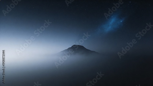 Mountain stands alone in fog under a night sky with stars glowing bright over distant land in the background