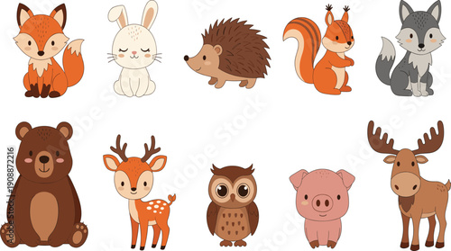 Woodland baby animal vector set with cute fox bear deer and forest creatures for nursery decor or children's storybooks