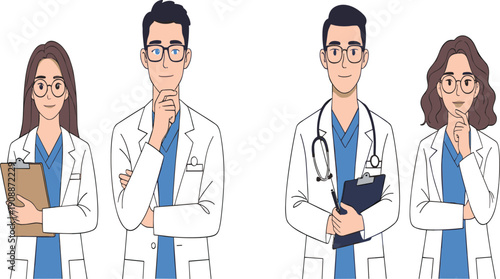 Medical team vector illustration set with friendly doctors and nurses in scrubs for healthcare websites and patient portals
