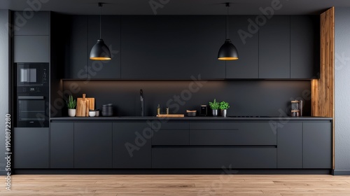 Modern Dark Kitchen with Matte Black Cabinets and Warm Accents