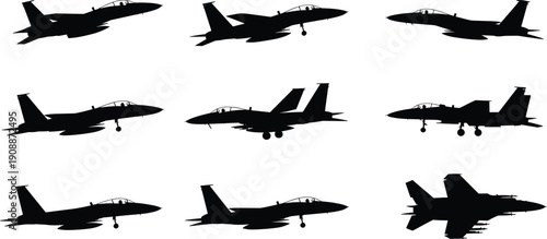 Silhouettes of military fighter jets in grid formation, aircraft shapes and angles, aviation design, defense technology illustration