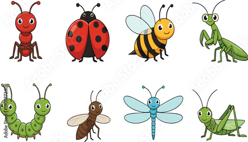 Garden insects and bugs vector illustration set with ladybug bee caterpillar and dragonfly for children's nature education or gardening branding