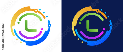 Modern letter “L” logo with circular abstract elements and colorful gradient design,