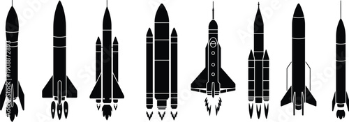 Stylized rocket illustrations in silhouette design, showcasing diverse boosters, fins, and engines for aerospace engineering and space exploration