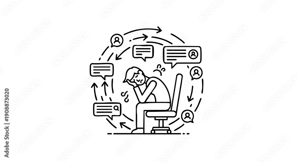 Obraz premium Overwhelmed office worker surrounded by chaotic notifications and messages in a stressful work environment