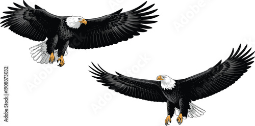 Two majestic bald eagles soaring in flight, wings fully extended, detailed feathers, symbolizing freedom, strength, and American pride
