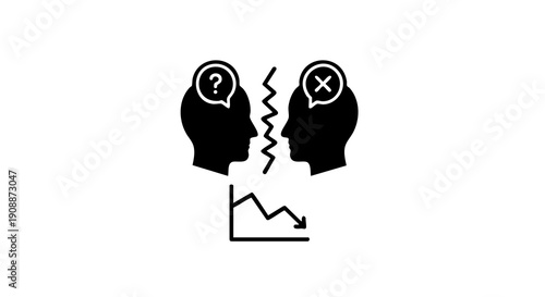 Two black silhouettes of heads facing each other with question mark and x in speech bubbles and a declining graph