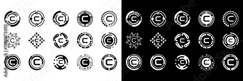 Futuristic letter C logo design with circular tech patterns, orbital lines, and minimal digital details. Perfect for creative studios, AI systems, and modern technology branding.
