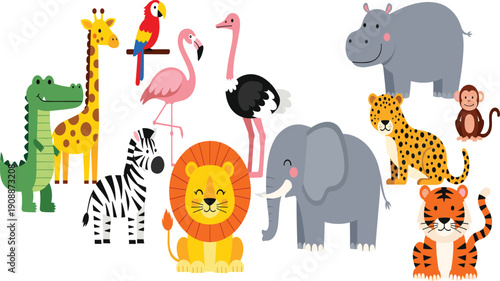 Wildlife expedition vector illustration set with lion elephant giraffe and savanna animals for children's education or safari branding