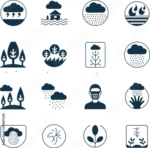 Minimalist vector icon set of environmental hazards and weather phenomena including floods thunderstorms forest fires drought and public health safety symbols.