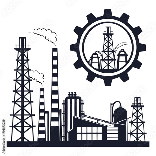 Adobe IllIndustrial factory plant silhouettes, oil refinery vector icons, chemical plant illustration, manufacturing industry design, black refinery silhouette set, energy production iustrator Artwork