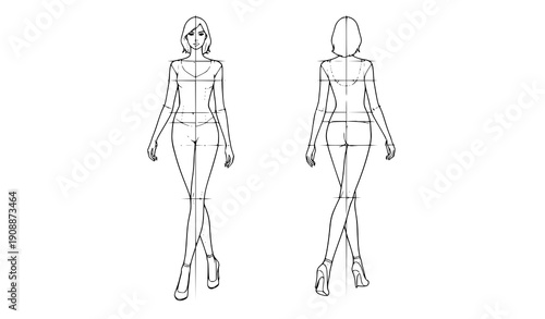 Walking Women 9 Head Fashion Template Front and Back View Vector