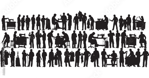 Silhouettes of people working in a tailor shop, sewing and crafting garments.