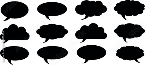 Collection of black speech bubble silhouettes and comic thought clouds set isolated on white background for creative dialogue communication vector graphic design illustration.