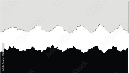  Torn paper edges with a rough, jagged split creating a graphic contrast between light grey, white, and black.