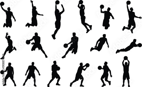 Large collection of black basketball player silhouettes in diverse action poses including jumping shooting dribbling and dunking for sports and fitness designs.