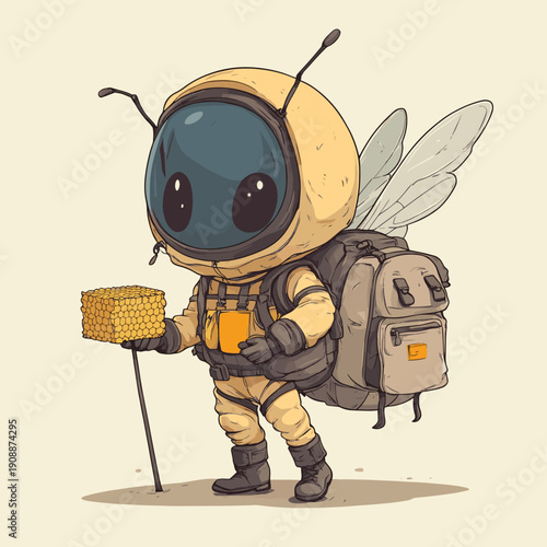 A digital illustration depicting a cartoon beekeeper wearing a full bee suit with a helmet and large wings