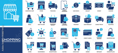Shopping icon set collection. Containing marketing, assessment, stock, fund, warehouse, ecommerce, order .Solid vector icons collection
