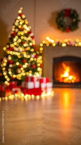 A blurry Christmas scene with tree, presents, and fireplace